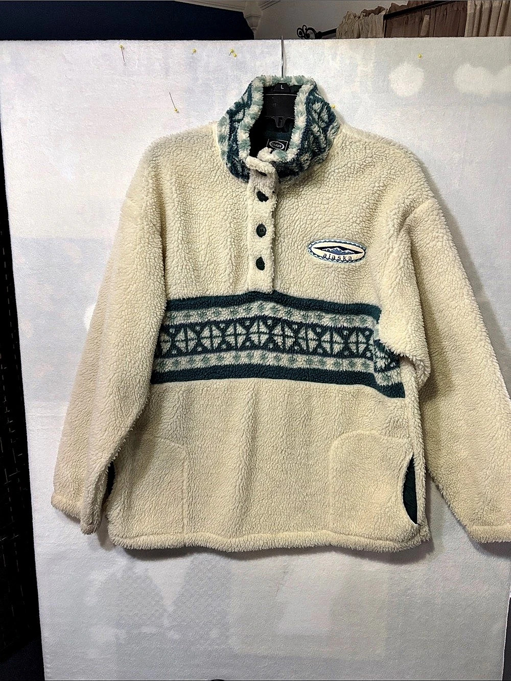 Vintage 90s Alaska Embroidered Sherpa Fleece Pullover Aztec Geometric Cream XL